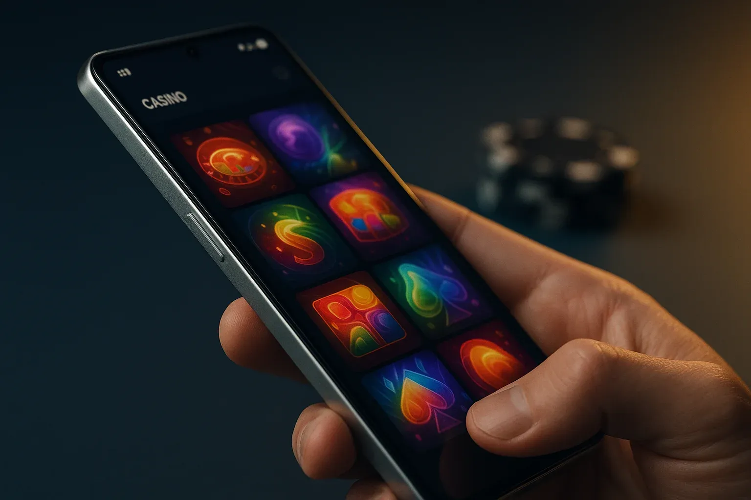 Hyperrealistic flagship Android phone showing vivid casino app interface in studio lighting