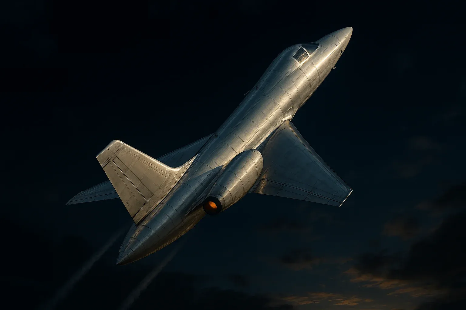 Hyperrealistic white jet climbing steeply in deep blue sky with contrails