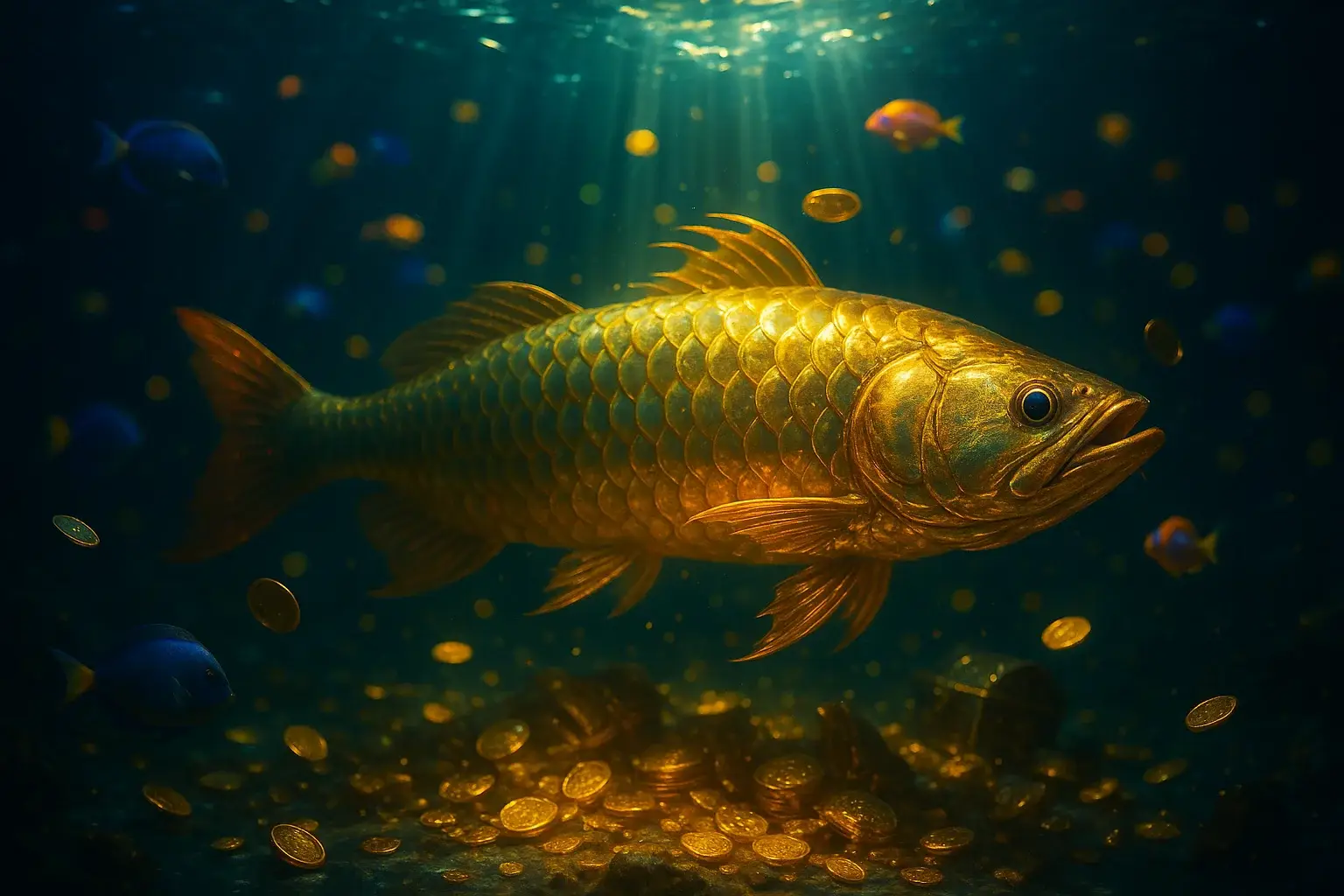 Hyperrealistic underwater golden dragon fish surrounded by glowing coins and treasure