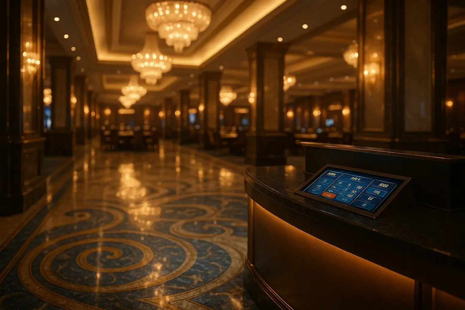 Hyperrealistic wide shot of luxurious Manila casino lobby with marble and chandeliers