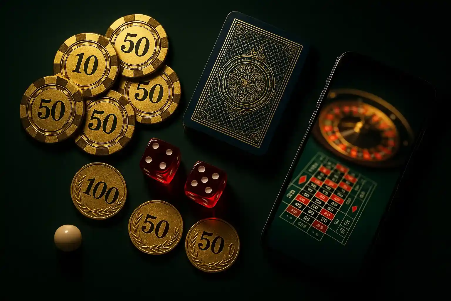 Top-down casino table with golden chips, cards, dice, roulette ball, smartphone