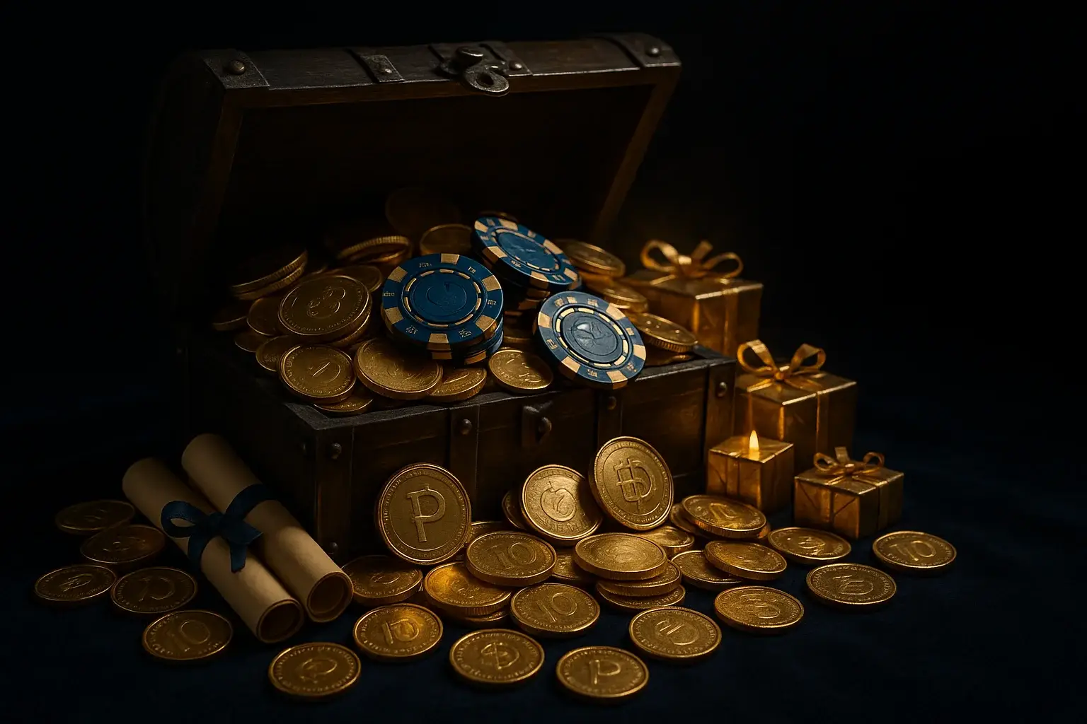 Overflowing treasure chest with gold coins, casino chips, vouchers, and gift boxes
