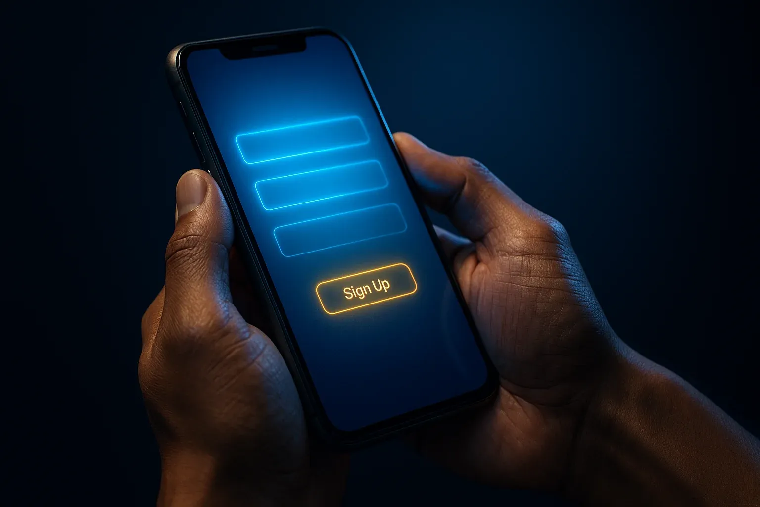 Filipino man hands holding smartphone with blurred registration screen, blue gold glow