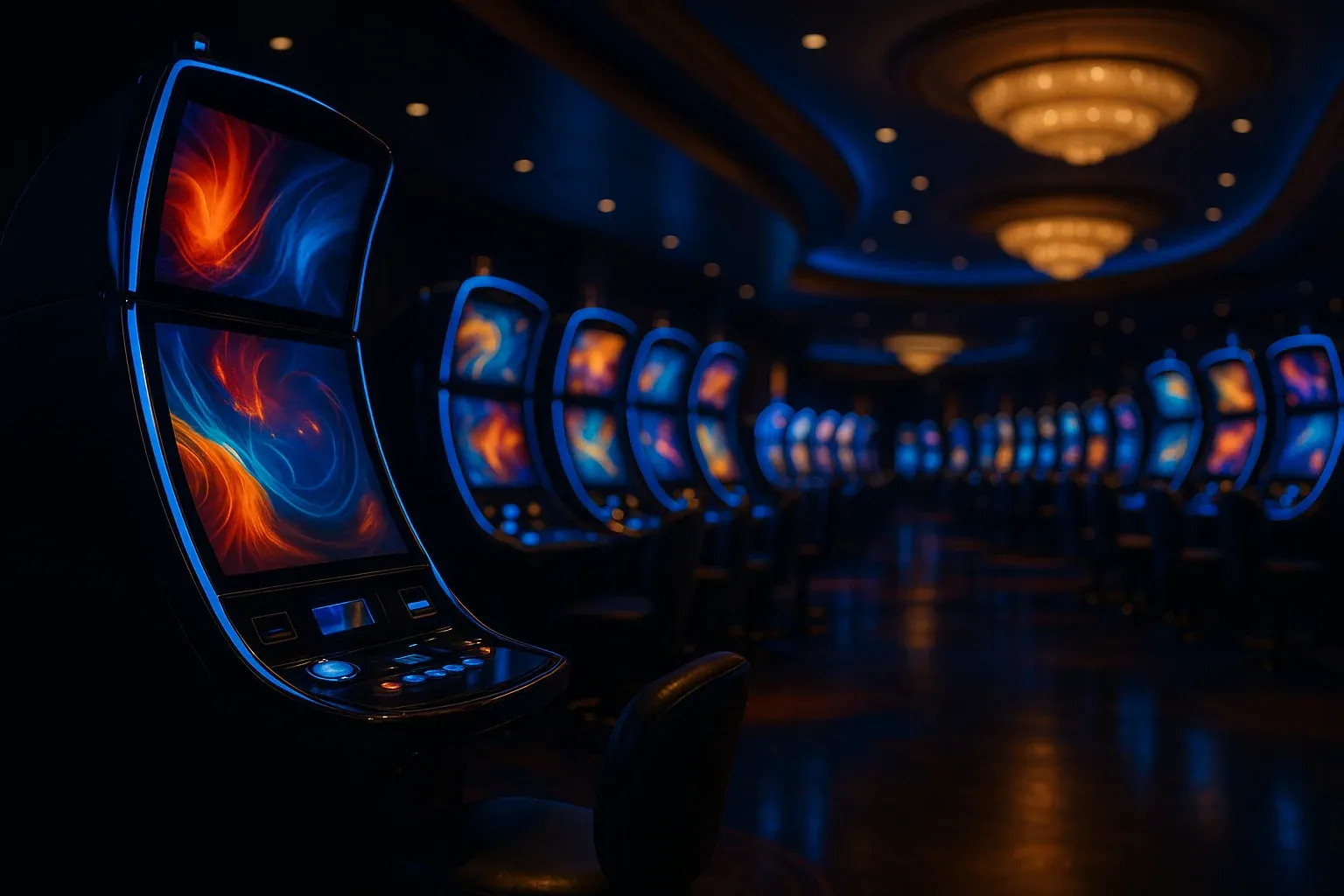 Hyperrealistic wide shot of Philippine casino slot machines at night
