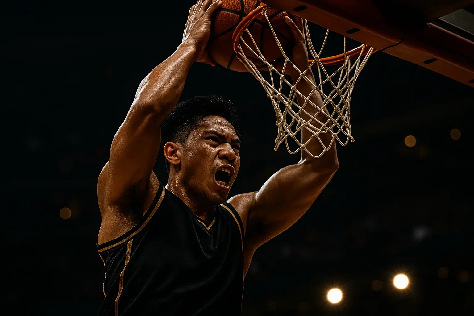 Filipino PBA basketball player mid-air slam dunk under dramatic arena lights